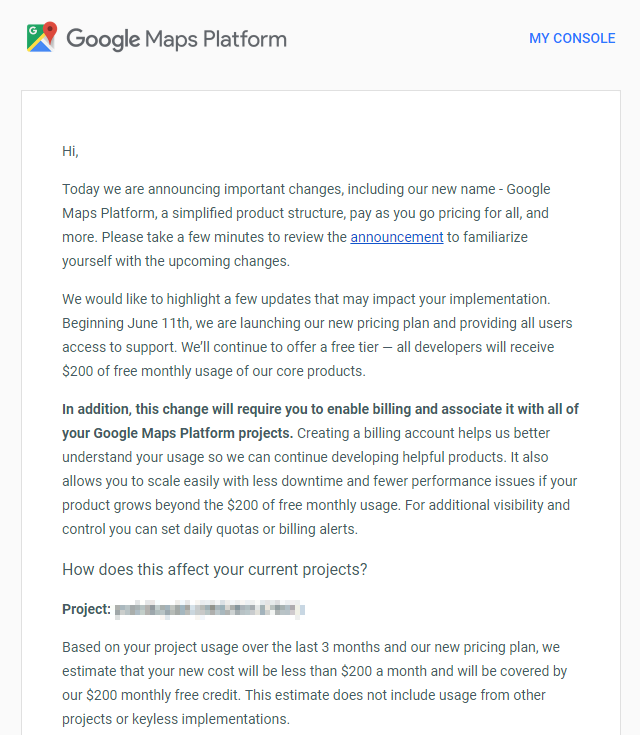 Google Maps Platform から [Action Required] Changes to your Google Maps… というメールが届きました